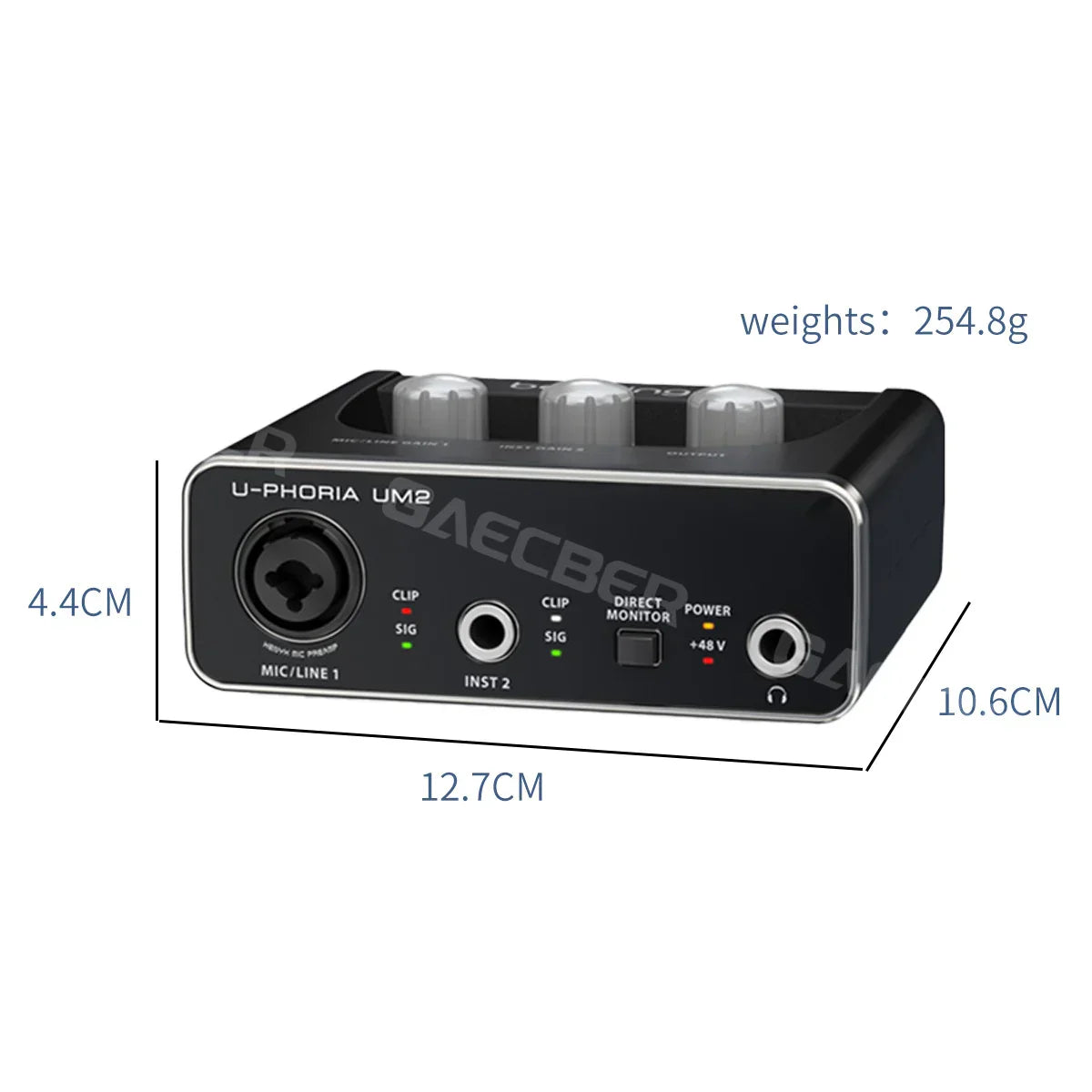 Black u-phoria um2 audio interface with silver trim, three gray knobs, multiple ports for monitoring electric guitar and guitar live recording