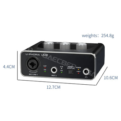 Black u-phoria um2 audio interface with silver trim, three gray knobs, multiple ports for monitoring electric guitar and guitar live recording