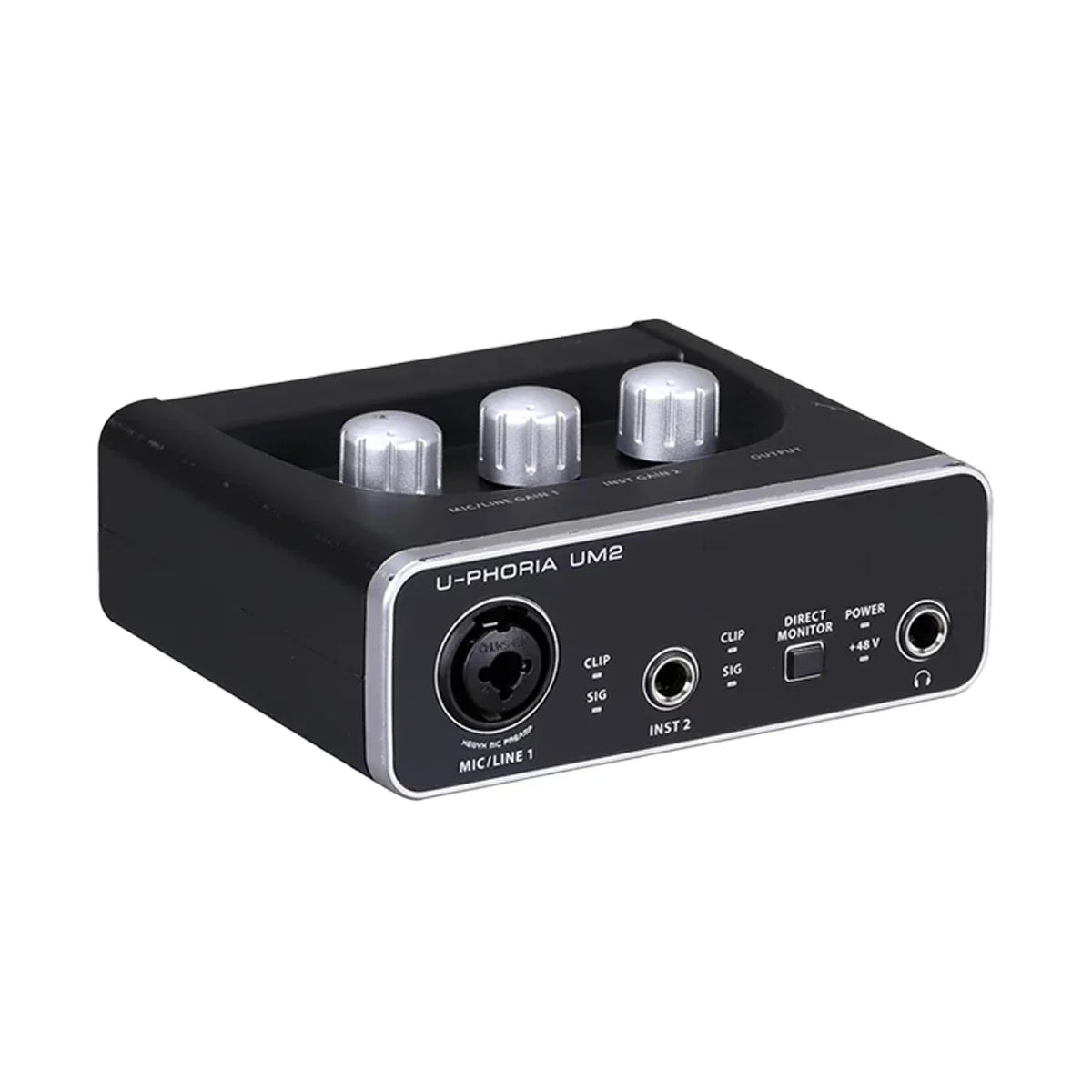 Black u-phoria um2 audio interface with silver knobs and metallic trim for monitoring electric guitar and guitar live recording