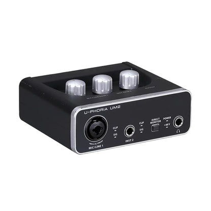 Black u-phoria um2 audio interface with silver knobs and metallic trim for monitoring electric guitar and guitar live recording