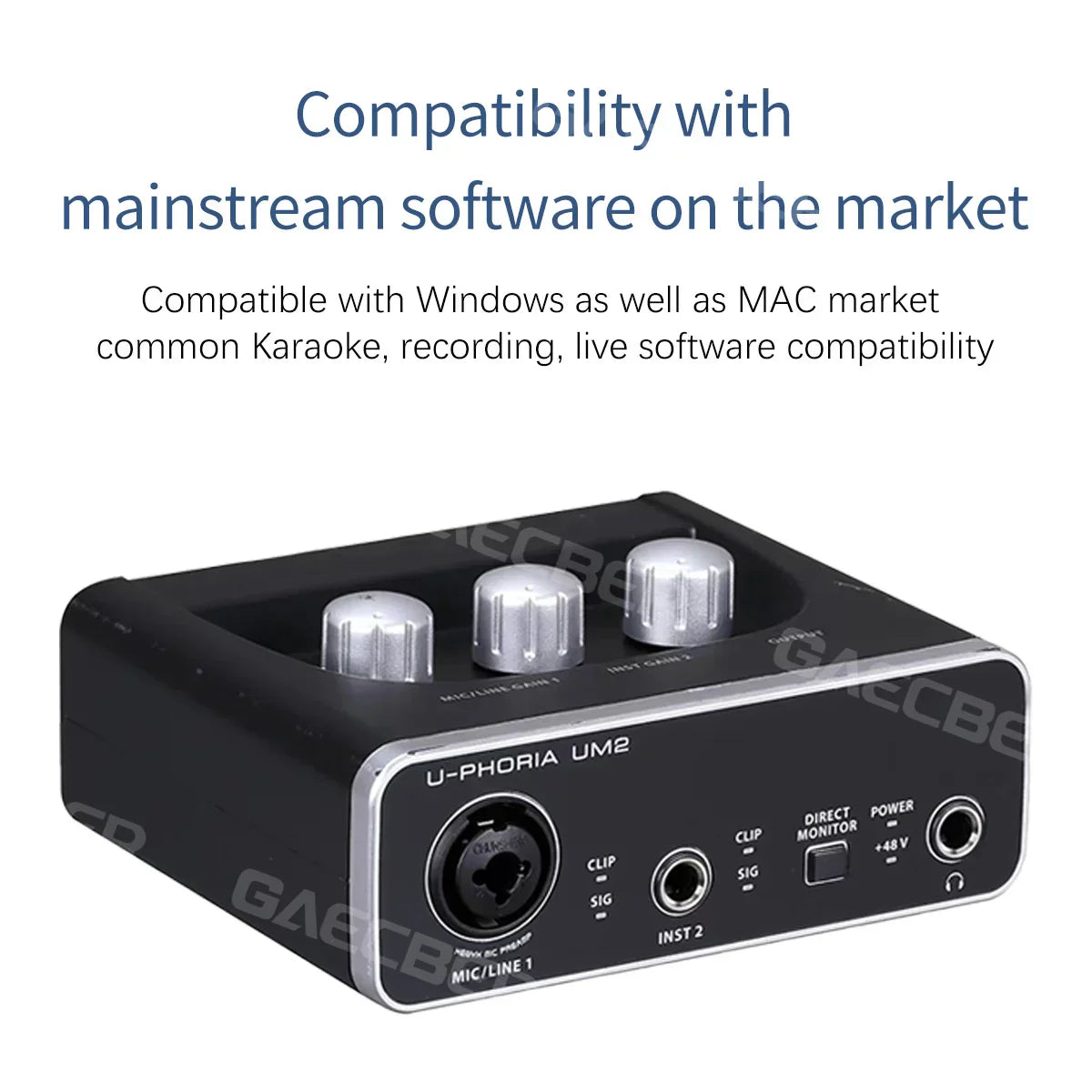 Black u-phoria um2 audio interface with silver knobs and metallic trim for monitoring electric guitar and guitar live recording