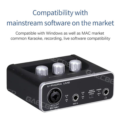 Black u-phoria um2 audio interface with silver knobs and metallic trim for monitoring electric guitar and guitar live recording