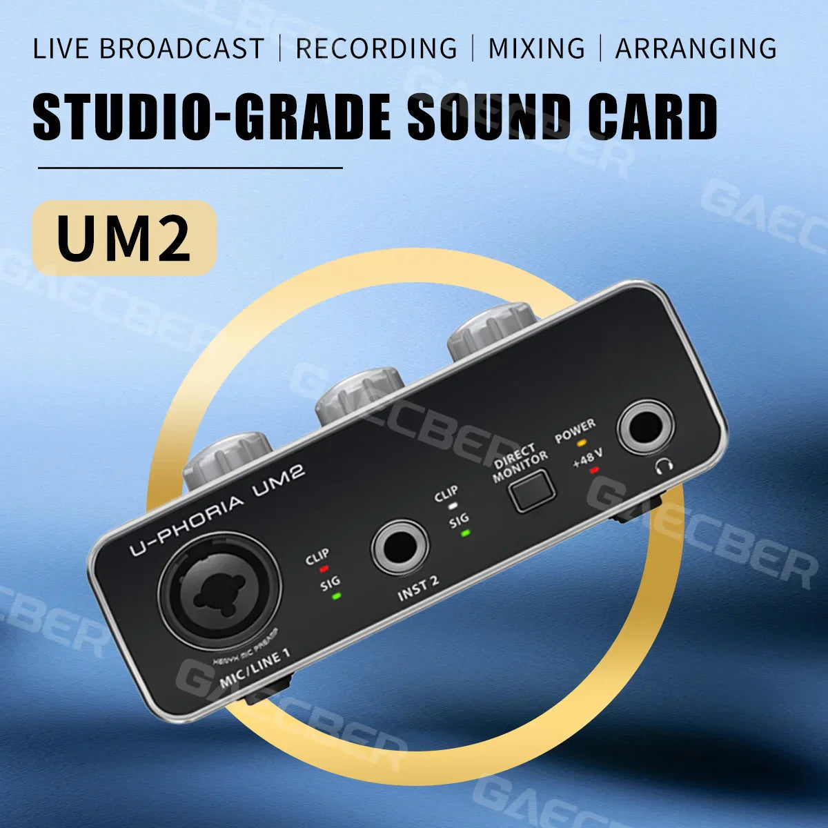 Black u-phoria um2 audio interface um2 sound card with silver knobs and ports for monitoring electric guitar live recording