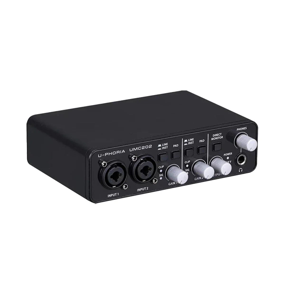 Black euphoria umc202 audio interface um2 with silver knobs and ports for monitoring electric guitar and guitar live recording
