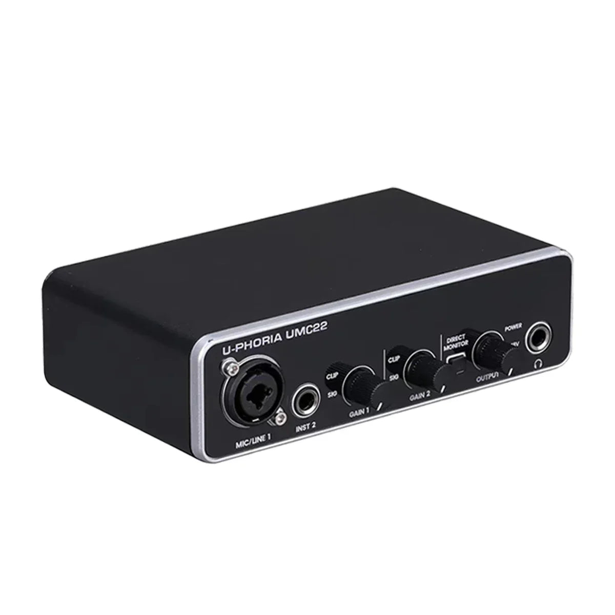 Black u-phoria umc22 audio interface with silver trim and multiple ports for monitoring electric guitar and guitar live recording