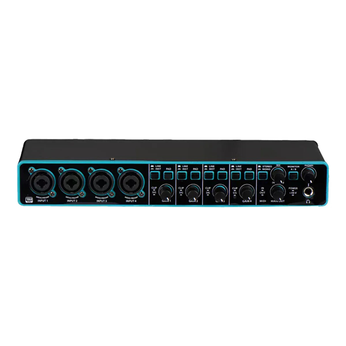 Black audio interface um2 with teal accents and four xlr inputs for monitoring electric guitar and guitar live recording