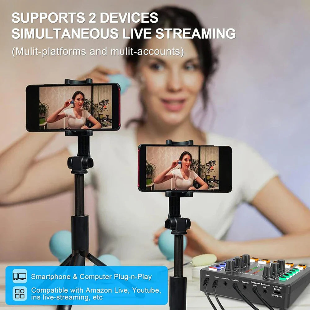 Black adjustable smartphone streaming tripod with dual mounts and compact audio interface mixer live sound for podcasting