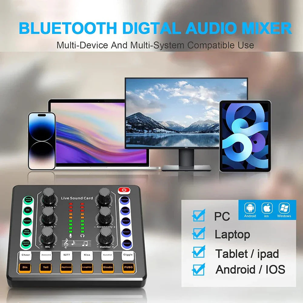 Black bluetooth digital audio interface mixer live sound with colorful illuminated buttons for live streaming podcasting gaming