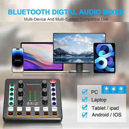 Black bluetooth digital audio interface mixer live sound with colorful illuminated buttons for live streaming podcasting gaming
