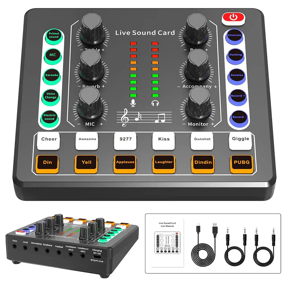 Black audio interface mixer live sound card with green red and blue illuminated buttons for live streaming podcasting