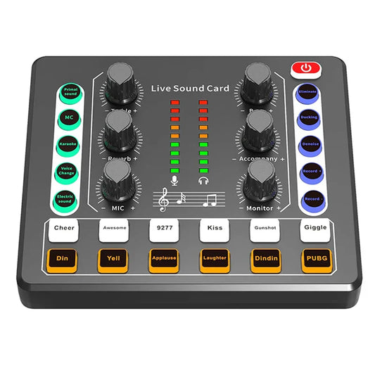 Black mixer live sound card audio interface with colorful effect buttons for live streaming podcasting and gaming use