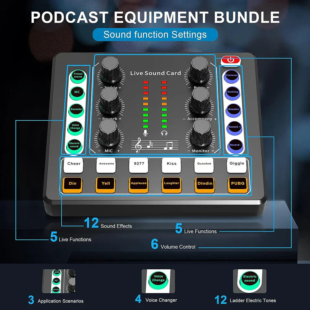 Black audio interface mixer live sound card with knobs buttons and led indicators for live streaming podcasting gaming