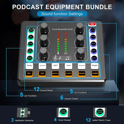 Black audio interface mixer live sound card with knobs buttons and led indicators for live streaming podcasting gaming