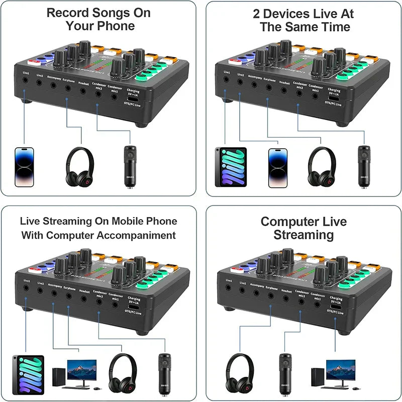 Black audio interface mixer live sound with colorful illuminated buttons and multiple ports for live streaming podcasting
