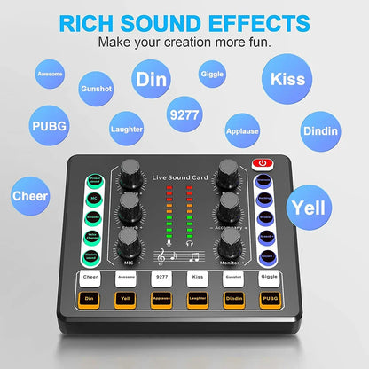 Black rectangular audio interface mixer live sound card with knobs and led indicators for live streaming podcasting gaming