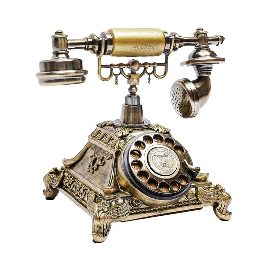Antique-style brass guest book phone with ornate carved base and vintage handset to leave personalized audio messages