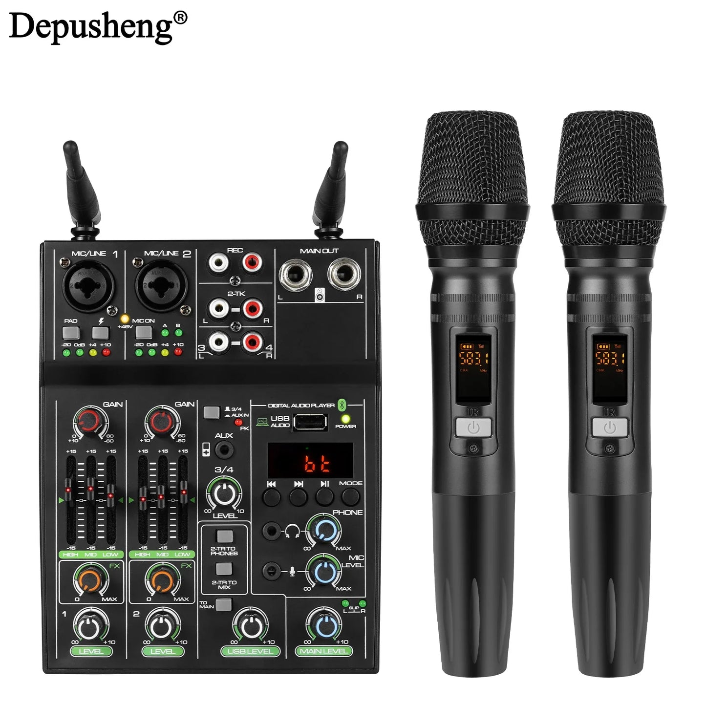 Black wireless microphone system with two handheld mics and compact digital board console for karaoke stage audio mixer
