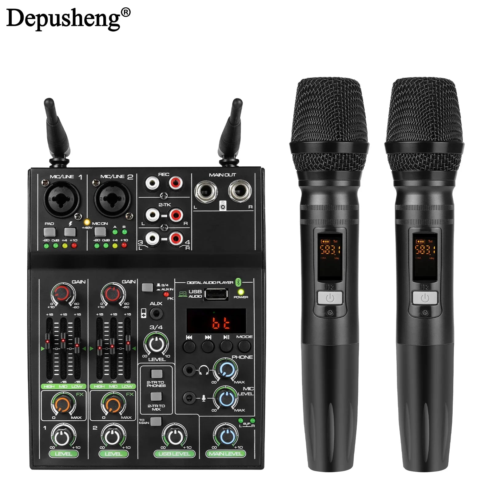Black wireless microphone system with two handheld mics and compact digital board console for karaoke stage audio mixer