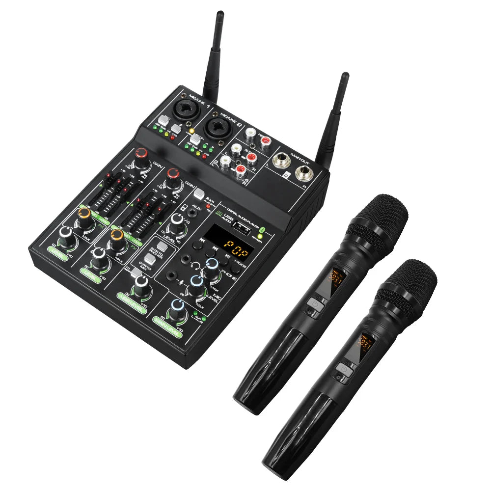 Black wireless karaoke microphone system with two handheld mics and a compact audio mixer digital board console for karaoke stage