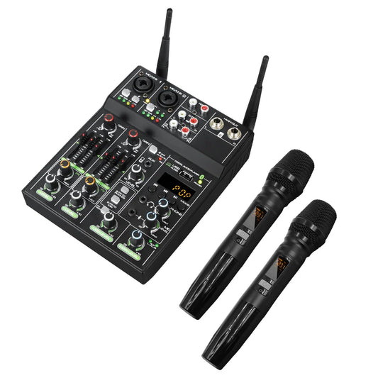 Black wireless karaoke microphone system with two handheld mics and a compact audio mixer digital board console for karaoke stage