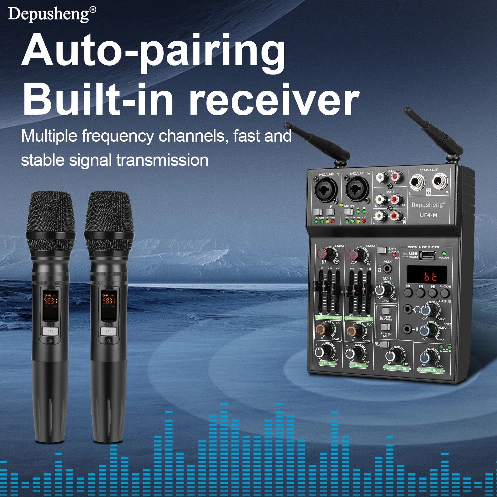 Black depusheng uf4-m wireless microphone system with two handheld mics and receiver for karaoke stage audio mixer