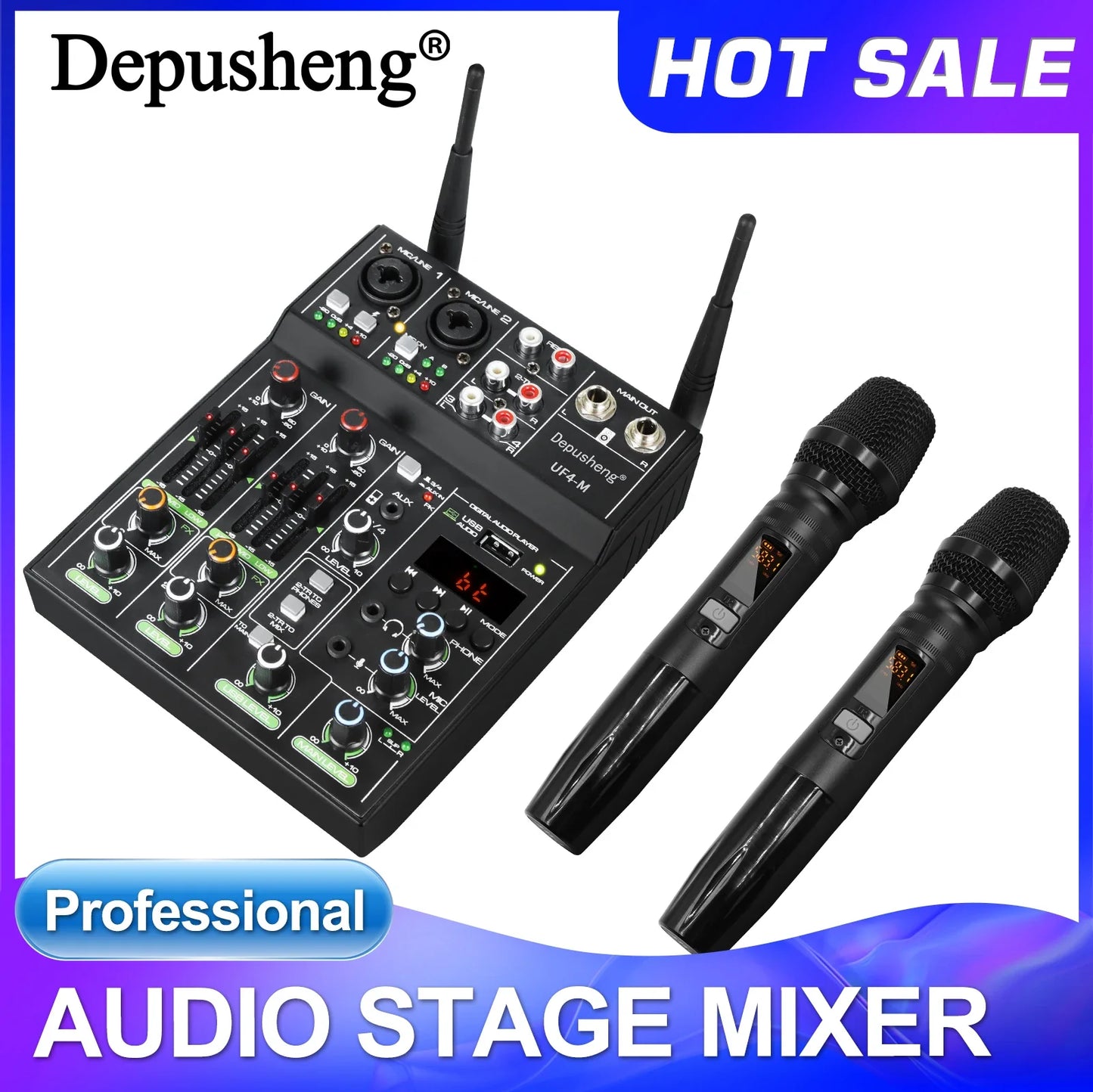 Black depusheng uf4-m wireless audio mixer with two handheld microphones digital board console for karaoke stage