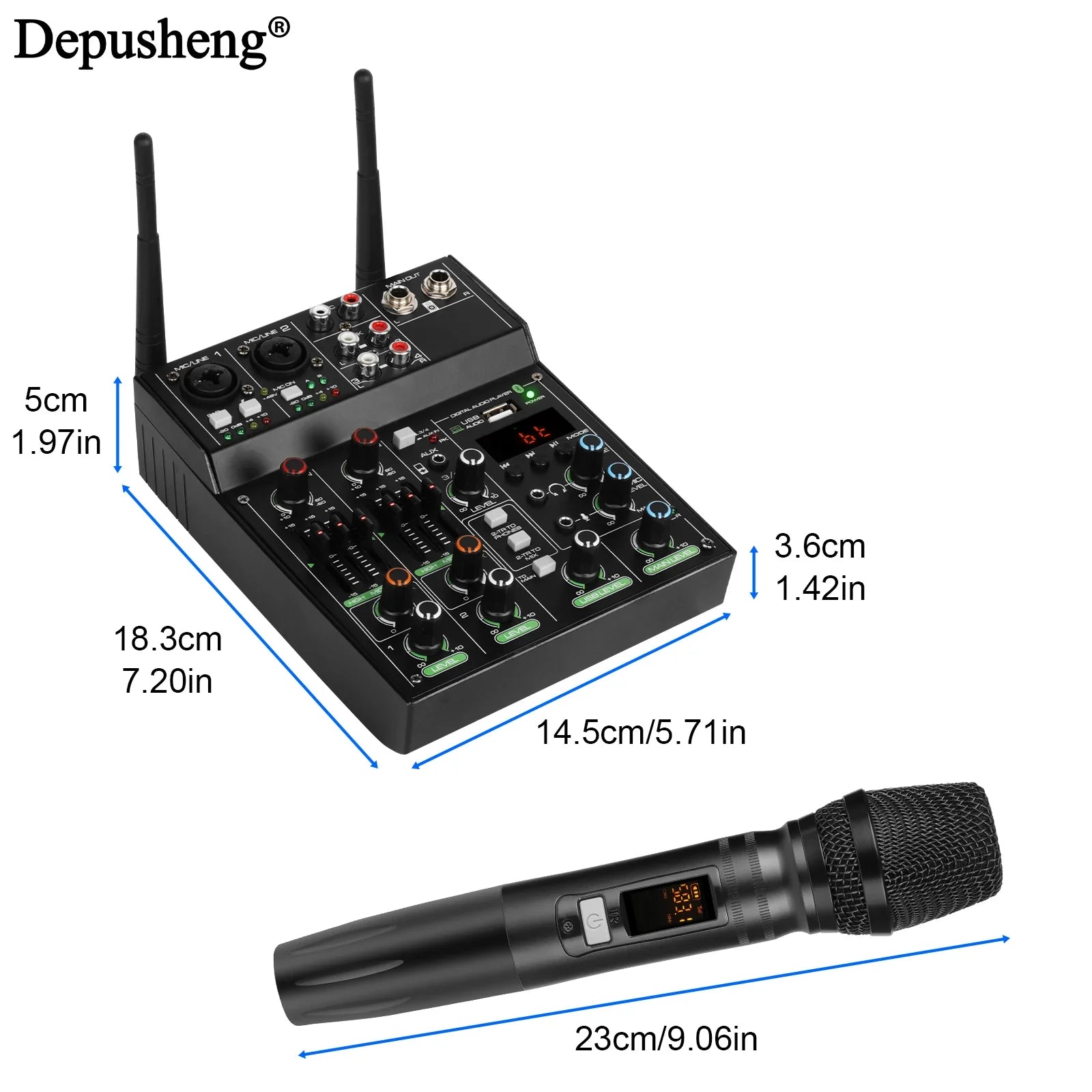 Black wireless microphone and 4 channel audio mixer with digital board console and antennas for karaoke stage use