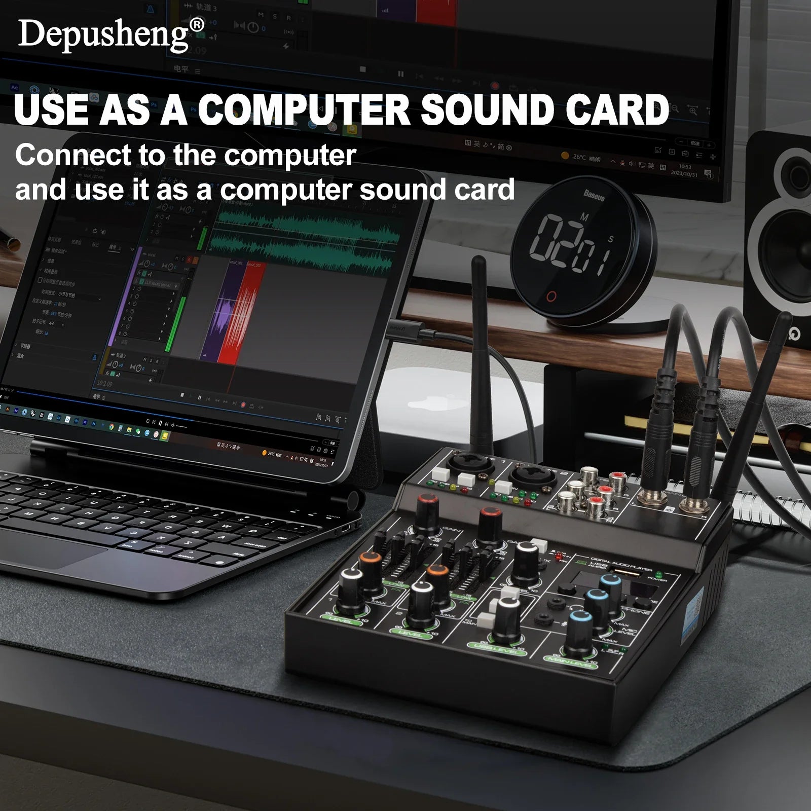Black depusheng digital board console audio mixer with multiple knobs and input jacks for karaoke stage use