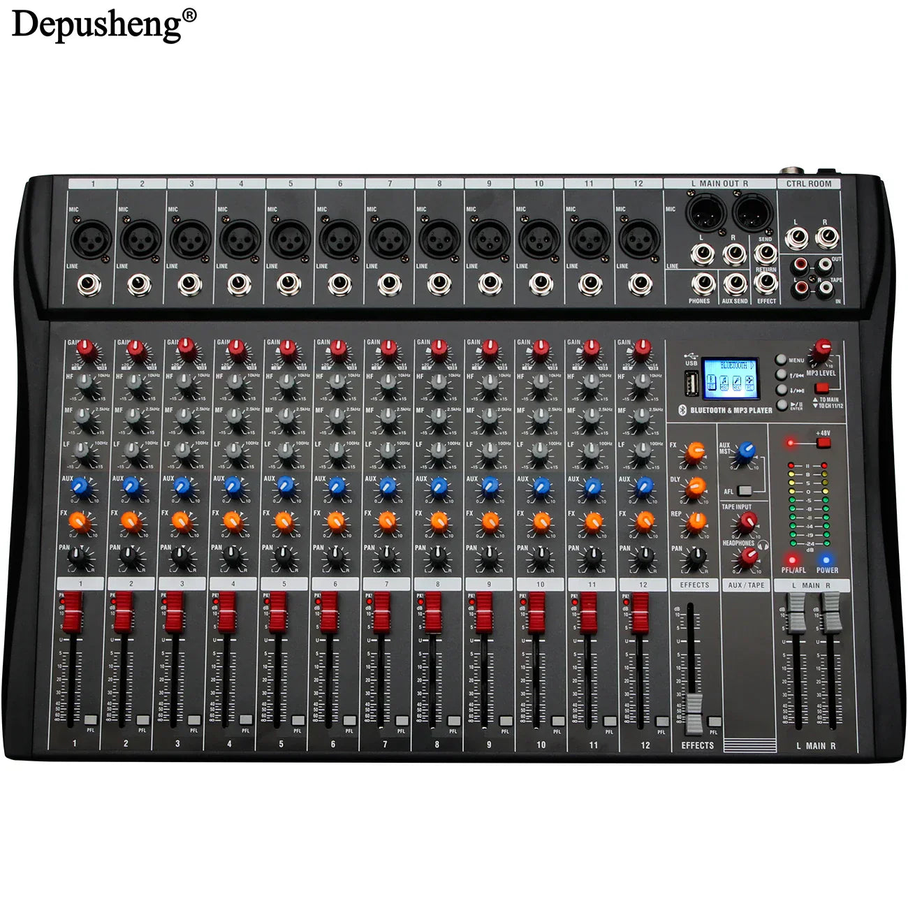 Black depusheng 12-channel professional dj mixer with colorful knobs, digital display, mixer lr microphone, processor mp3 headphones