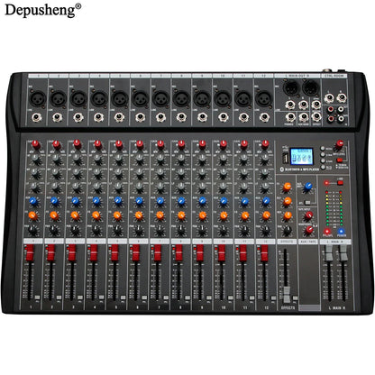 Black depusheng 12-channel professional dj mixer with colorful knobs, digital display, mixer lr microphone, processor mp3 headphones