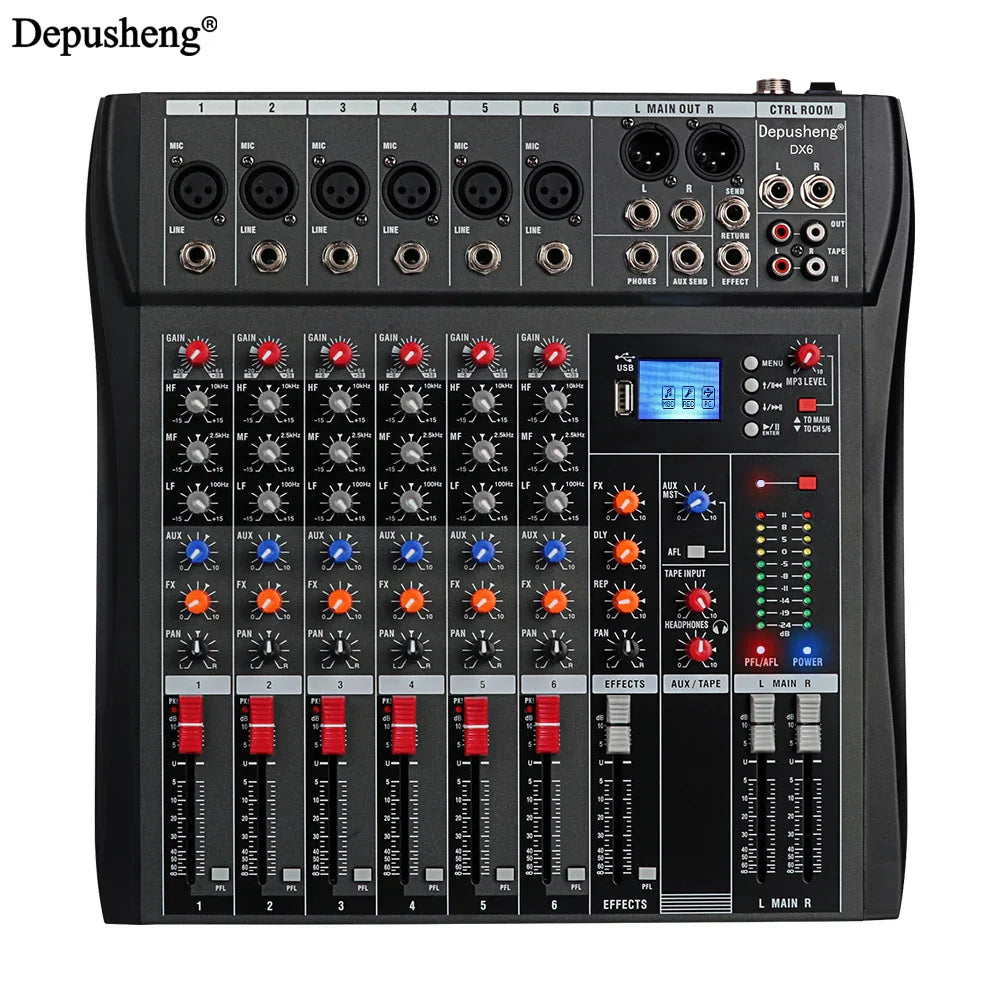 Black depusheng dx8 professional dj mixer with 8 channels knobs digital display mixer lr microphone processor mp3 headphones
