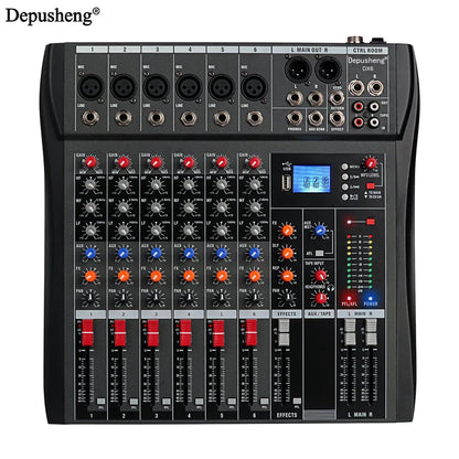 Black depusheng dx8 professional dj mixer with 8 channels knobs digital display mixer lr microphone processor mp3 headphones