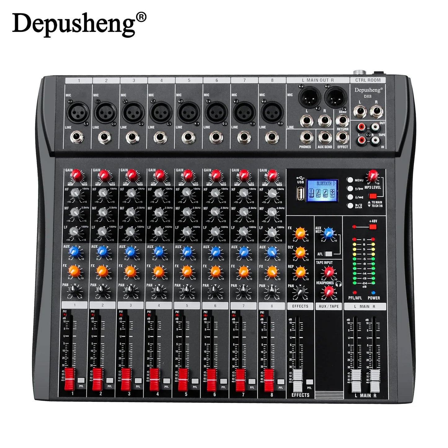 Black depusheng dx8 professional dj mixer with colorful knobs, digital display, mixer lr microphone, and processor mp3 headphones
