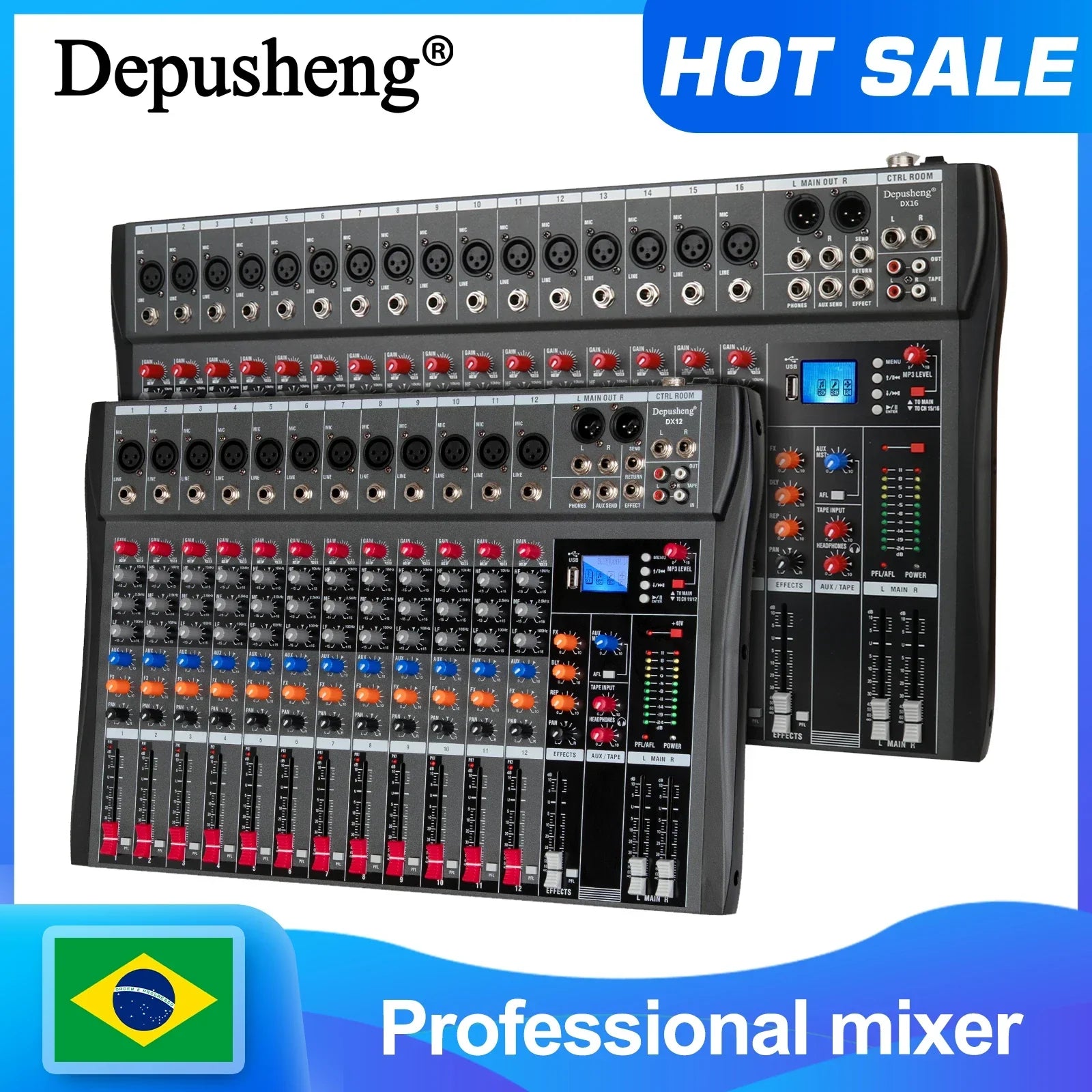 Black depusheng professional dj mixer with colorful knobs faders featuring mixer lr microphone aux and processor mp3 headphones