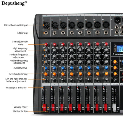 Black depusheng professional dj mixer with red blue and orange knobs for mixer lr microphone and processor mp3 headphones