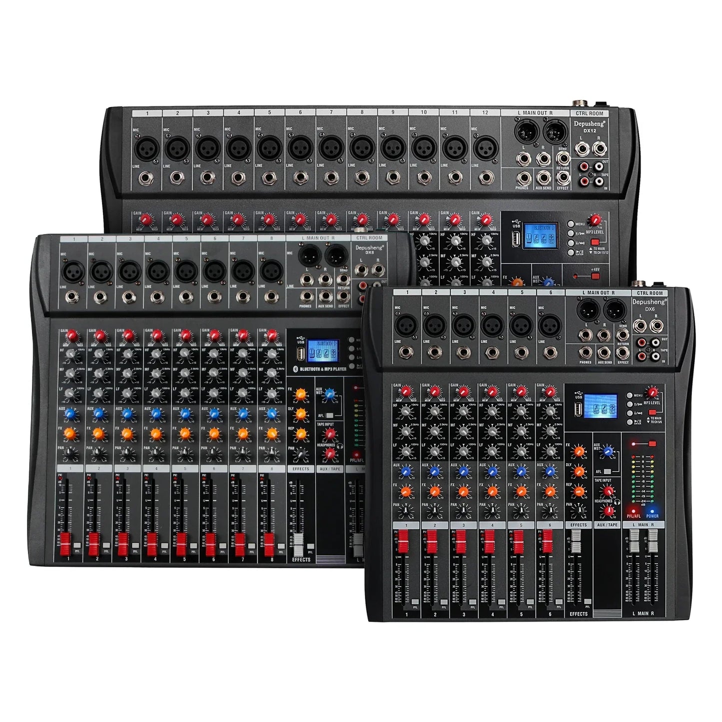 Black professional dj mixer with colorful knobs, digital display, mixer lr microphone input, processor mp3 headphones support