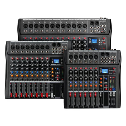 Black professional dj mixer with colorful knobs, digital display, mixer lr microphone input, processor mp3 headphones support