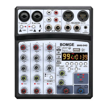 Black and white bomge bmg-04d 4 channel audio mixer with red knobs bluetooth input 48v phantom power and usb ports