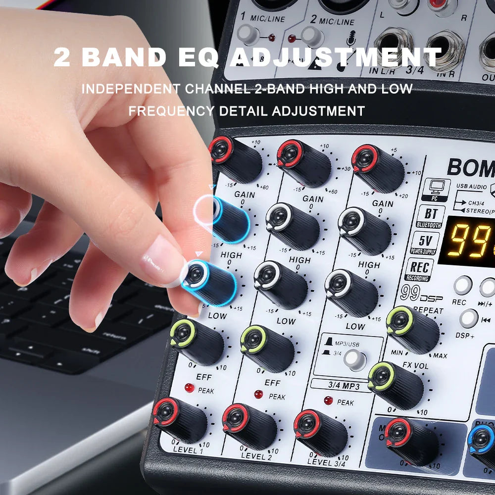 Black and red audio mixer bomge 4 channel with multiple knobs featuring 48v phantom power and rca input connectivity