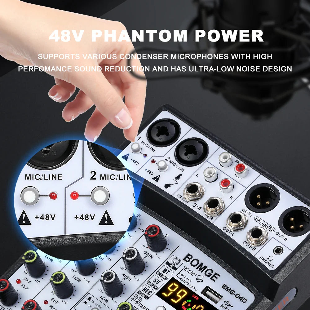 Black and silver bomge bmc-04d 4 channel audio mixer console with 48v phantom power and multiple input output ports