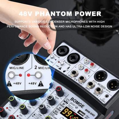 Black and silver bomge bmc-04d 4 channel audio mixer console with 48v phantom power and multiple input output ports