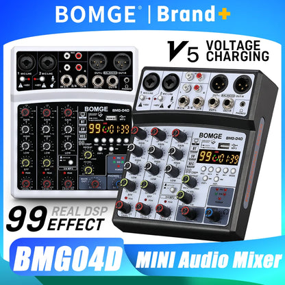 Black and white BOMGE BMG-04D mini audio mixer with 48V phantom power, multiple input ports, knobs, and a digital display
