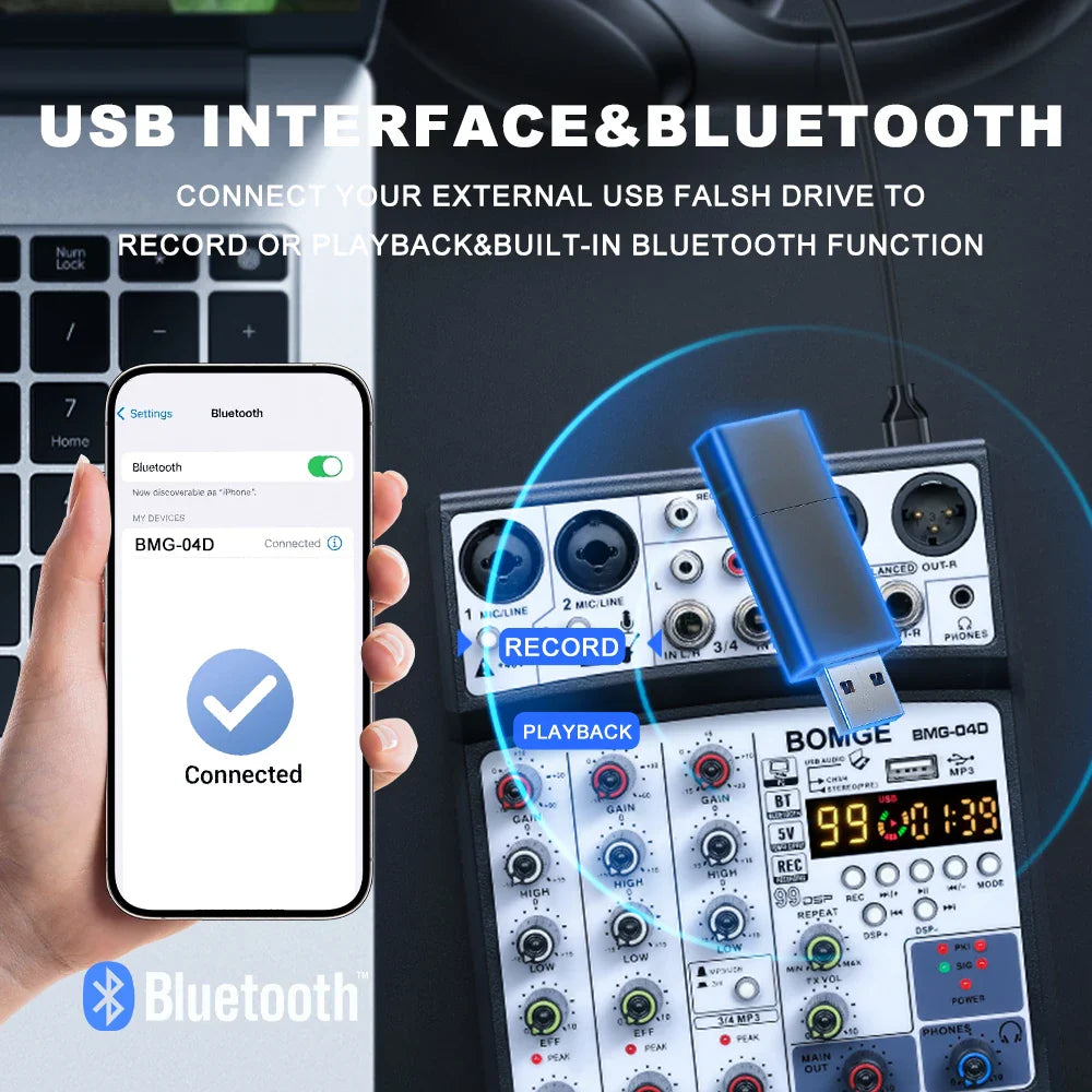 Blue usb flash drive with built-in bluetooth input for recording or playback on audio mixer with 48v phantom power