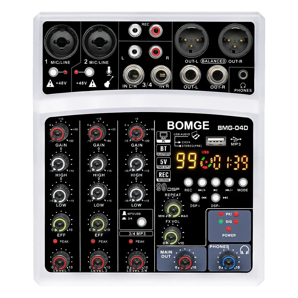 White bomge bmg-04d audio mixer with black panel, red and green knobs, digital display, and 48v phantom power input