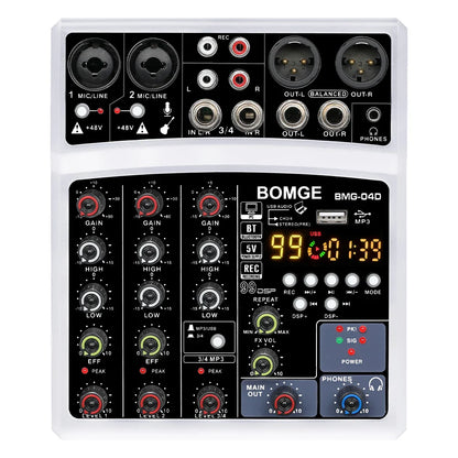 White bomge bmg-04d audio mixer with black panel, red and green knobs, digital display, and 48v phantom power input