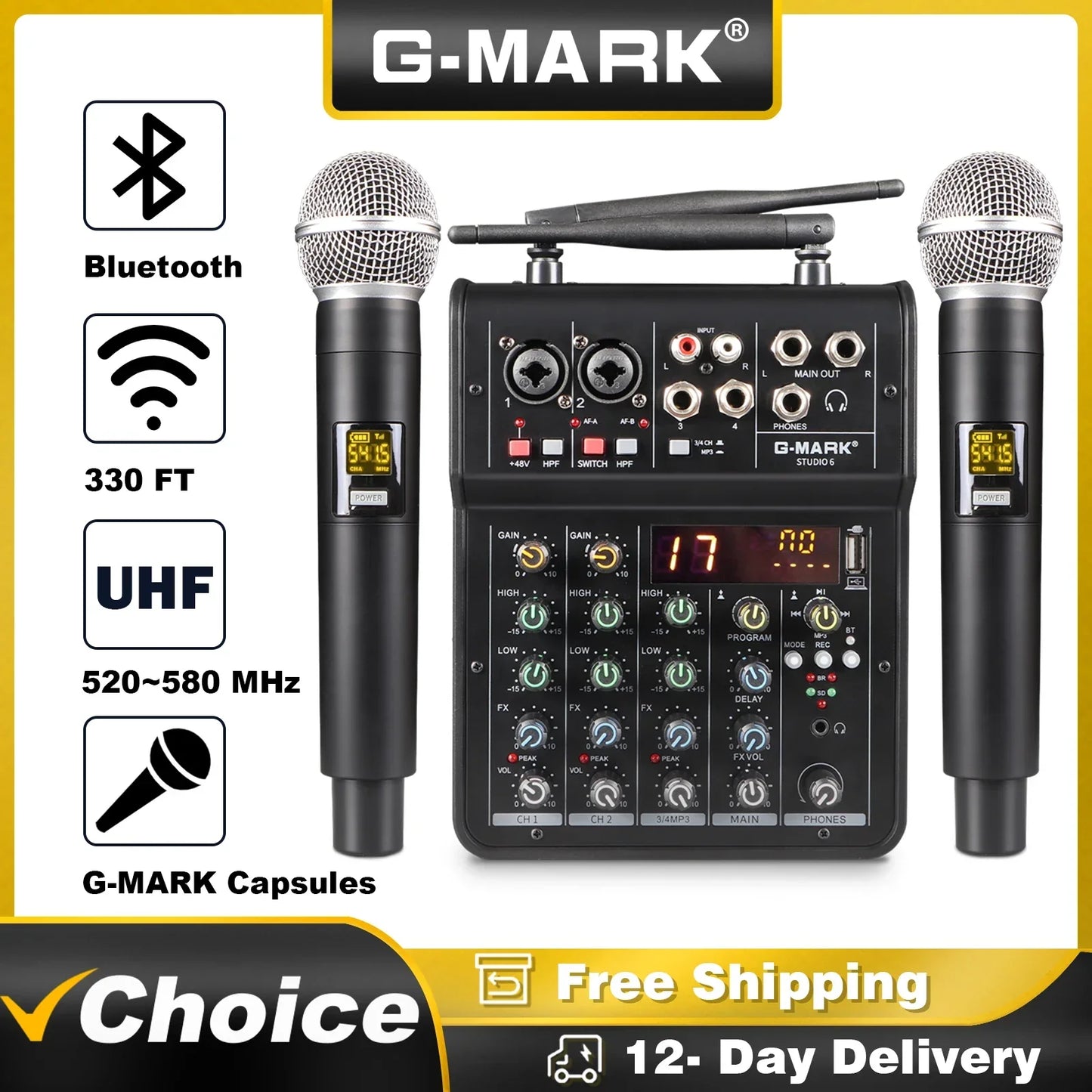 Black g-mark studio 6 wireless microphone system with mixer built-in mic, bluetooth, uhf, digital display for home party show