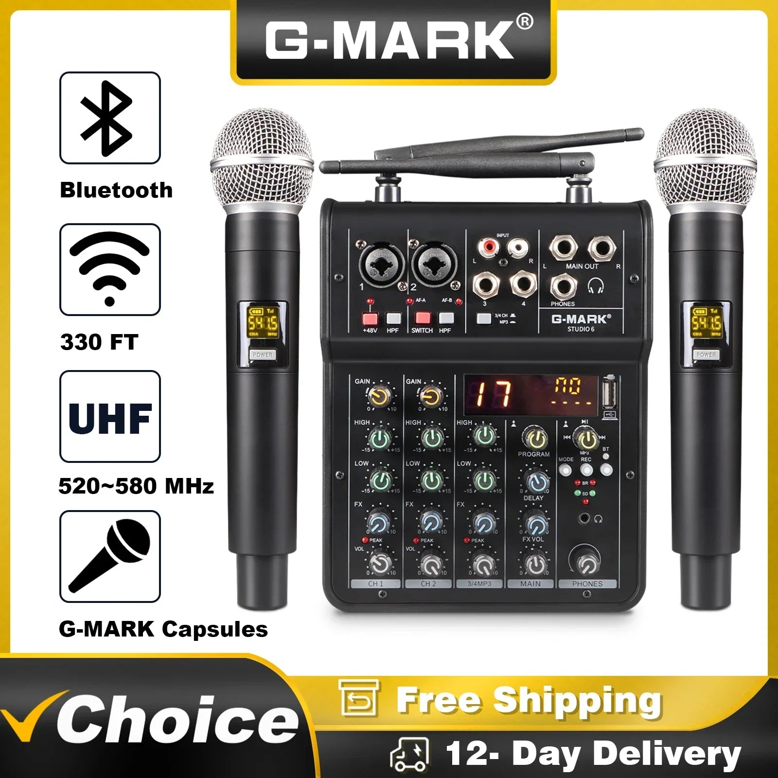 Black g-mark studio 6 wireless microphone system with mixer built-in mic, bluetooth, uhf, digital display for home party show