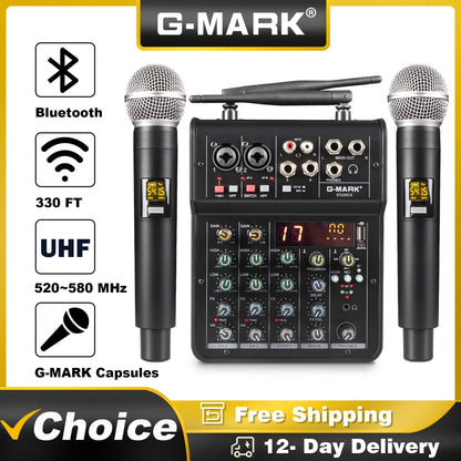 Black g-mark studio 6 wireless microphone system with audio mixer built-in bluetooth for pc home party and church use