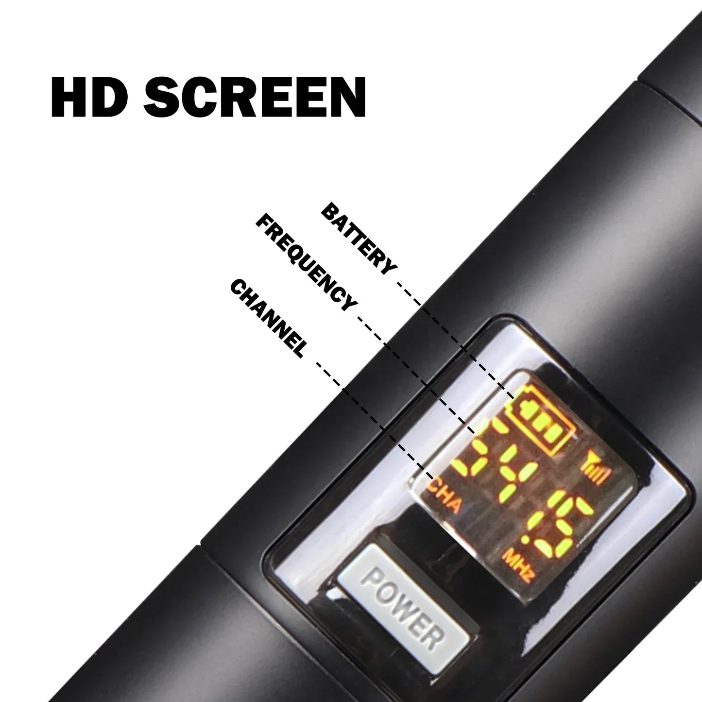 Black handheld wireless microphone with g-mark studio mixer built-in mic and hd screen showing frequency and channel info