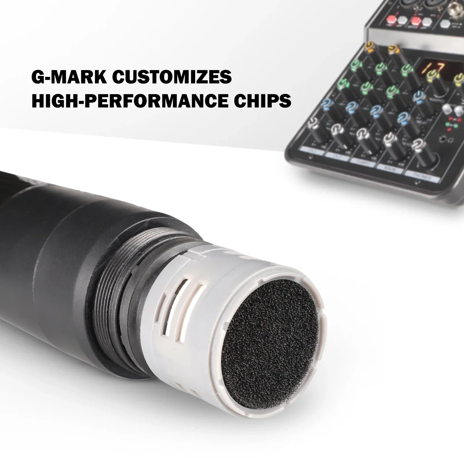 Black and white g-mark studio wireless microphone with foam-covered grille and audio mixer built-in for pc and events